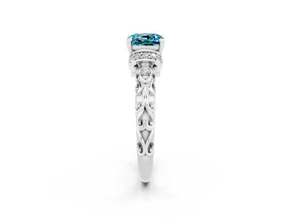 Platinum Cushion Cut Blue Topaz Solitaire Ring with Filigree Band and Four-Prong Setting