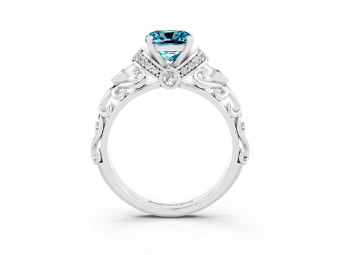 White gold Cushion Cut Blue Topaz Solitaire Ring with Filigree Band and Four-Prong Setting_27