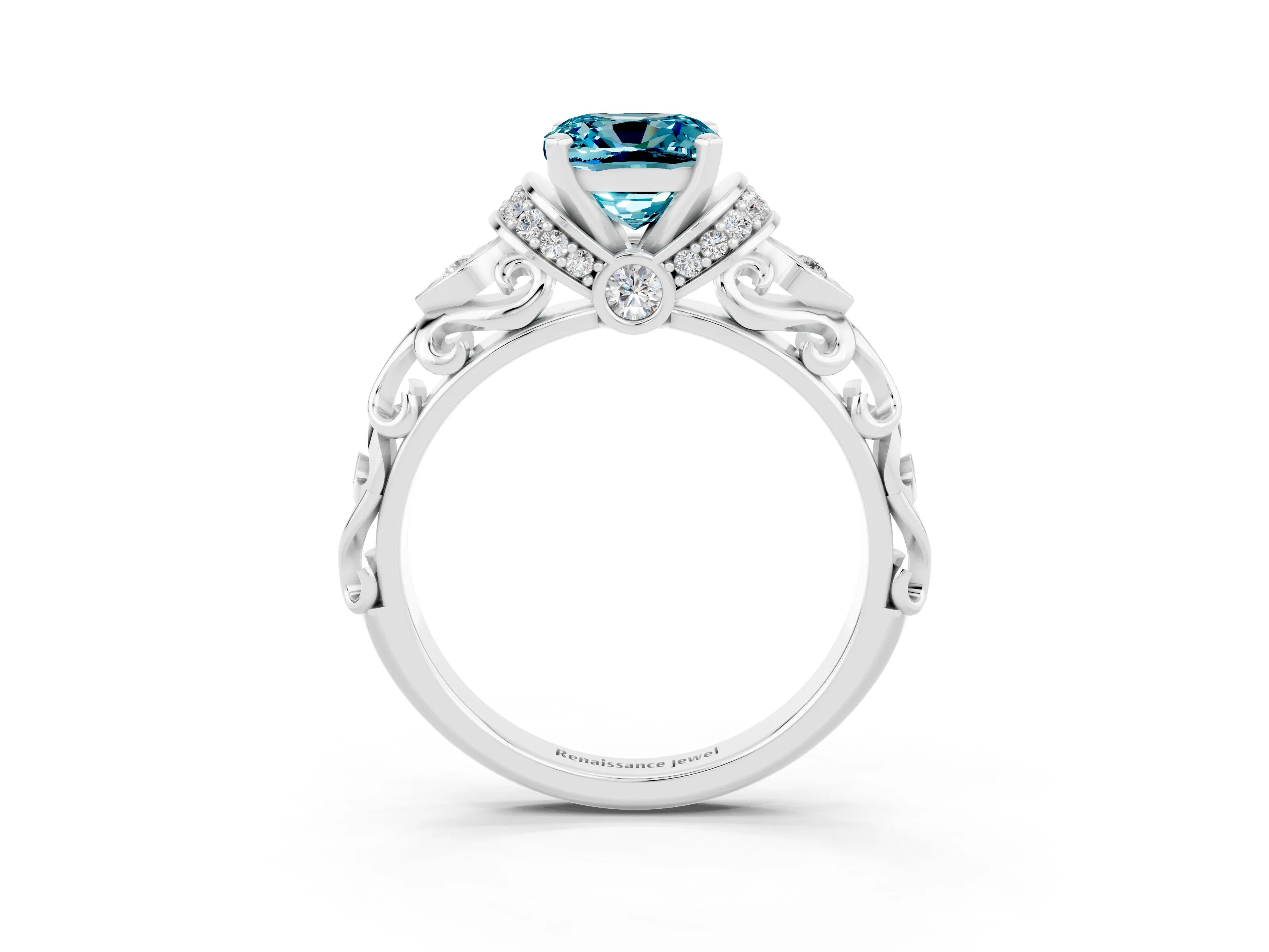 White gold Cushion Cut Blue Topaz Solitaire Ring with Filigree Band and Four-Prong Setting_27