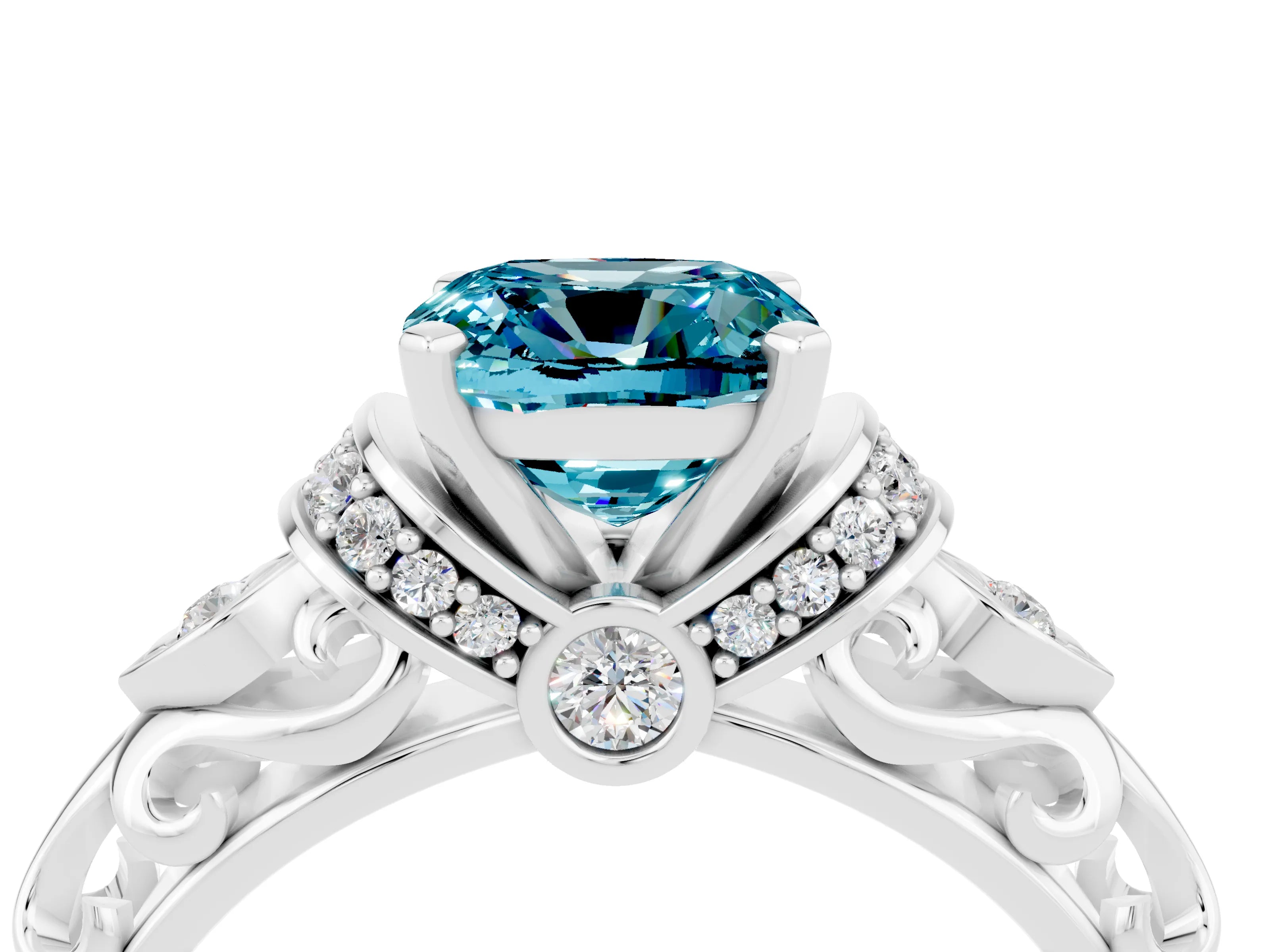 White gold Cushion Cut Blue Topaz Solitaire Ring with Filigree Band and Four-Prong Setting_28