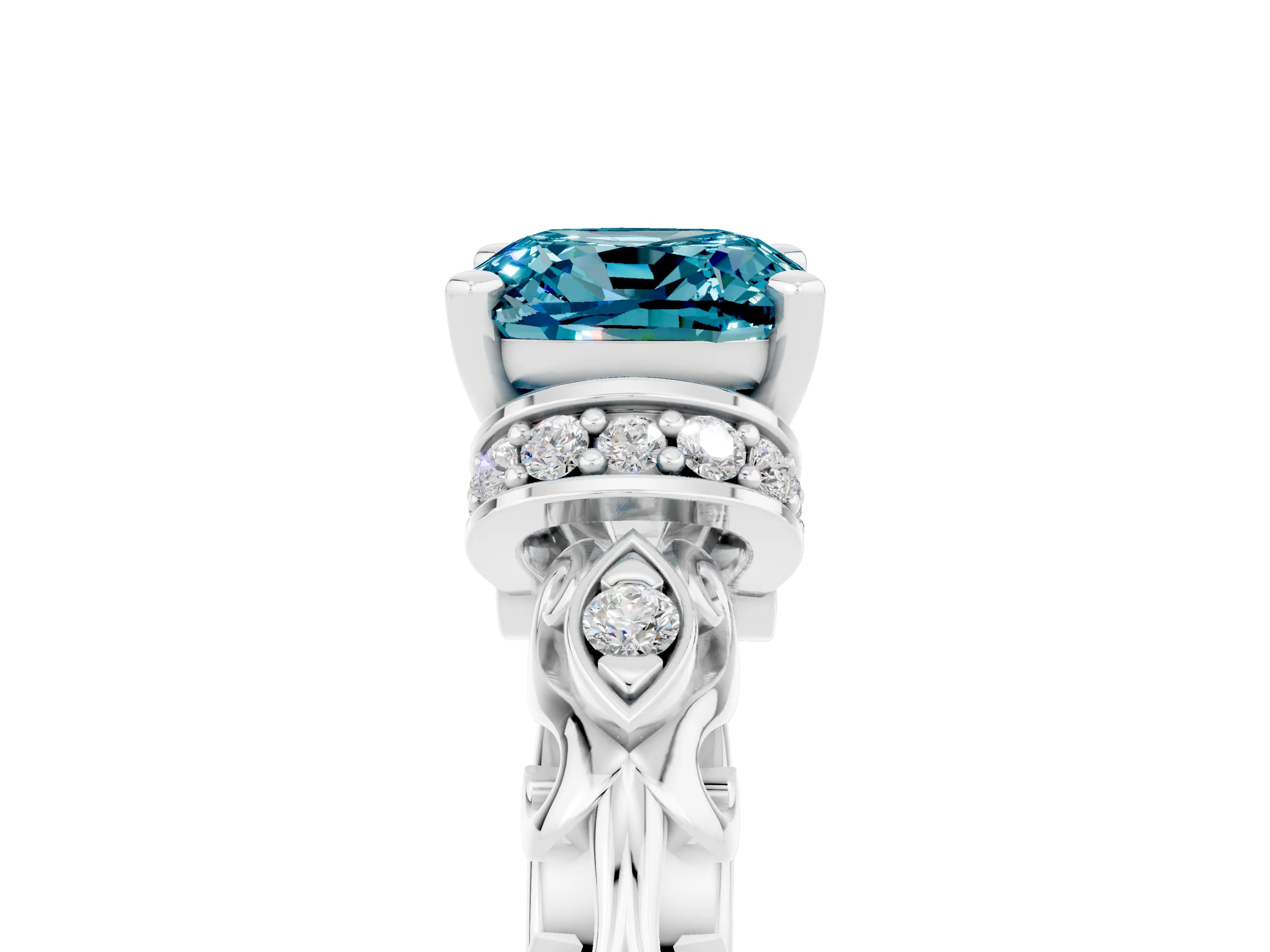 White gold Cushion Cut Blue Topaz Solitaire Ring with Filigree Band and Four-Prong Setting_29