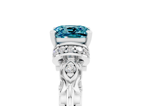 White gold Cushion Cut Blue Topaz Solitaire Ring with Filigree Band and Four-Prong Setting_29