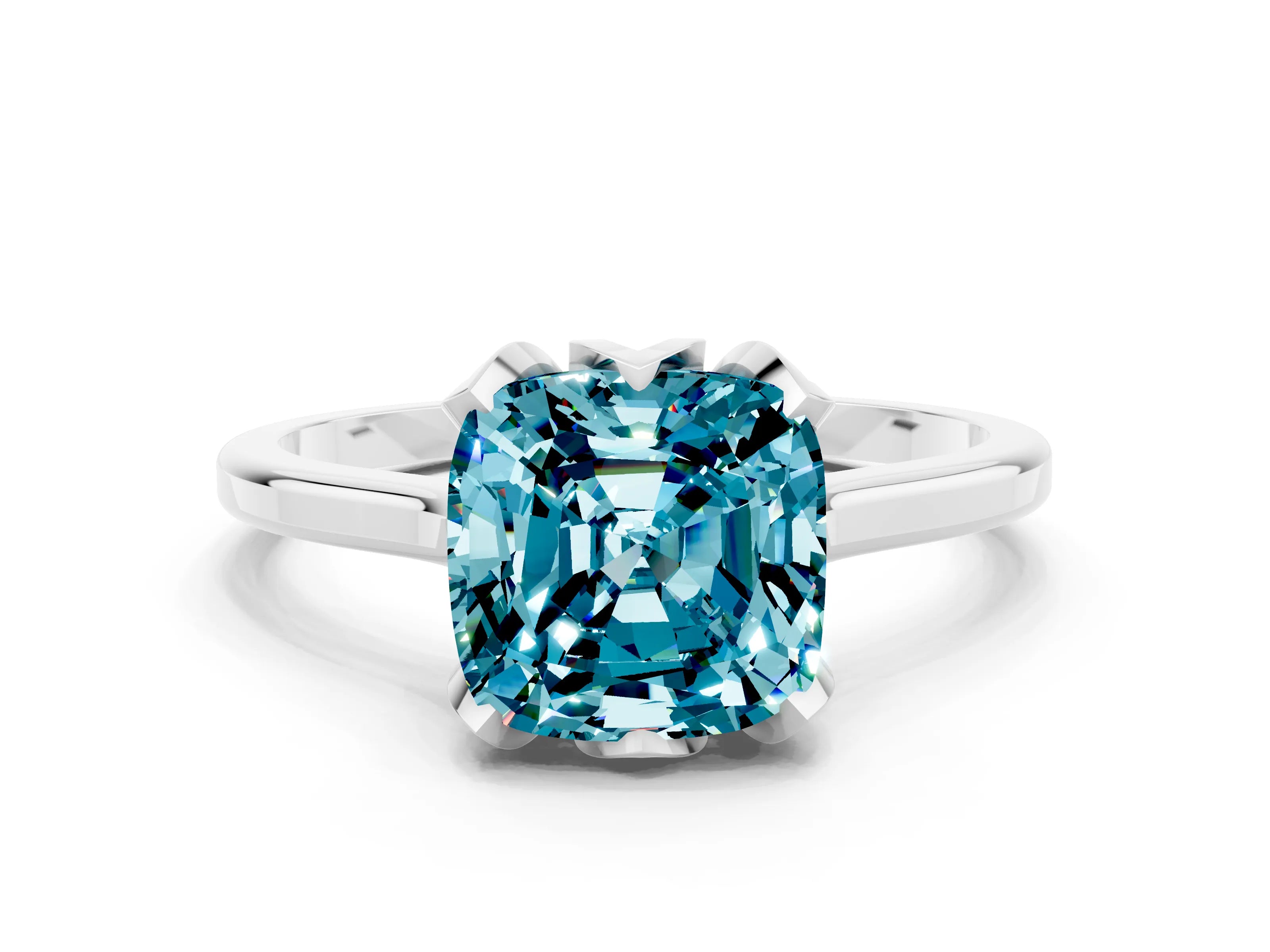White gold Cushion Cut Blue Topaz Solitaire Ring with Flower Prong Setting and Classic Band_12