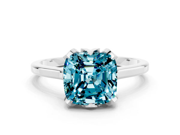 Silver Cushion Cut Blue Topaz Solitaire Ring with Flower Prong Setting and Classic Band