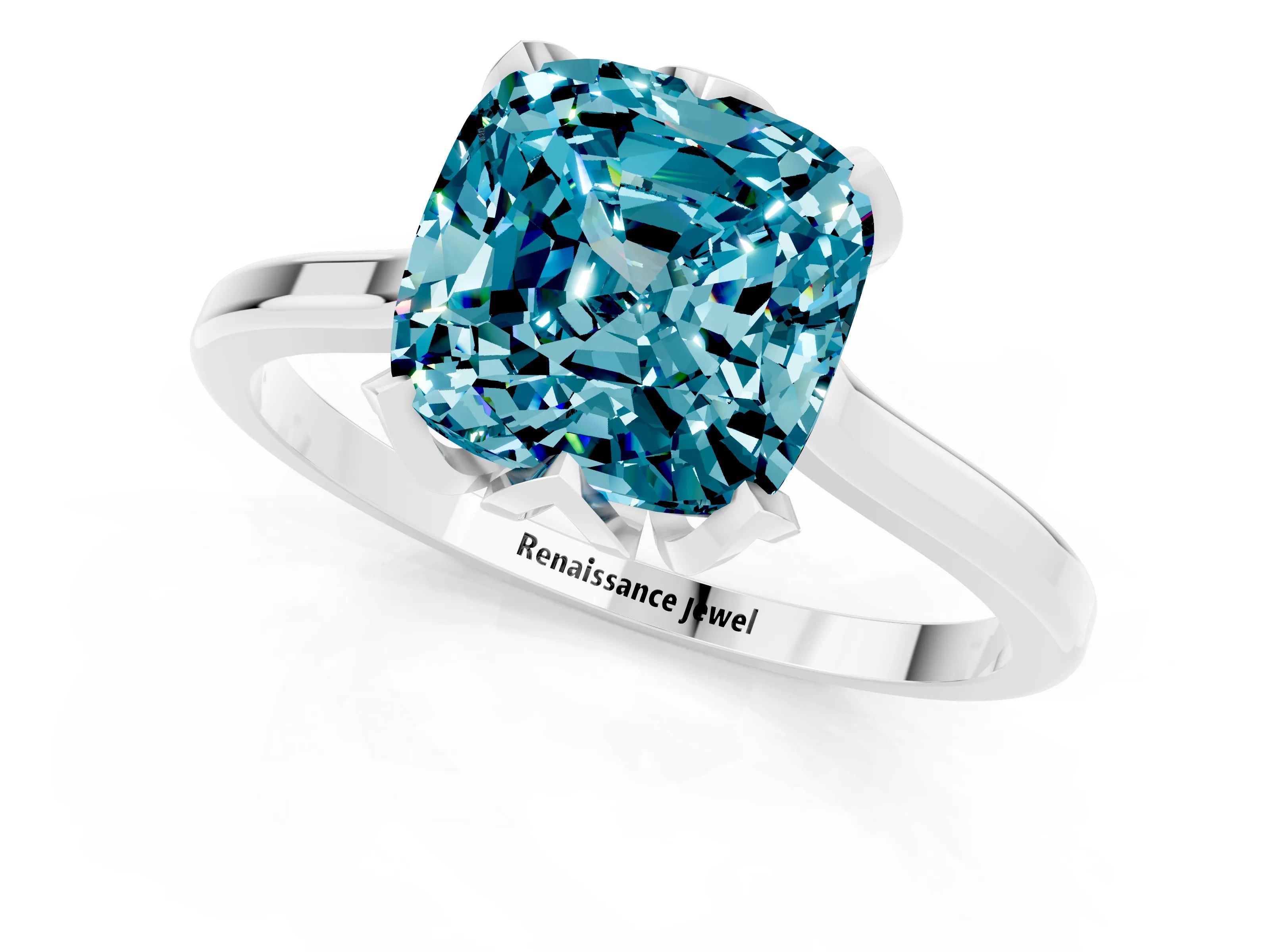 White gold Cushion Cut Blue Topaz Solitaire Ring with Flower Prong Setting and Classic Band_13
