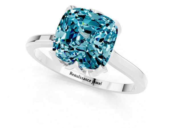 White gold Cushion Cut Blue Topaz Solitaire Ring with Flower Prong Setting and Classic Band