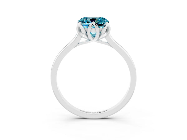 White gold Cushion Cut Blue Topaz Solitaire Ring with Flower Prong Setting and Classic Band