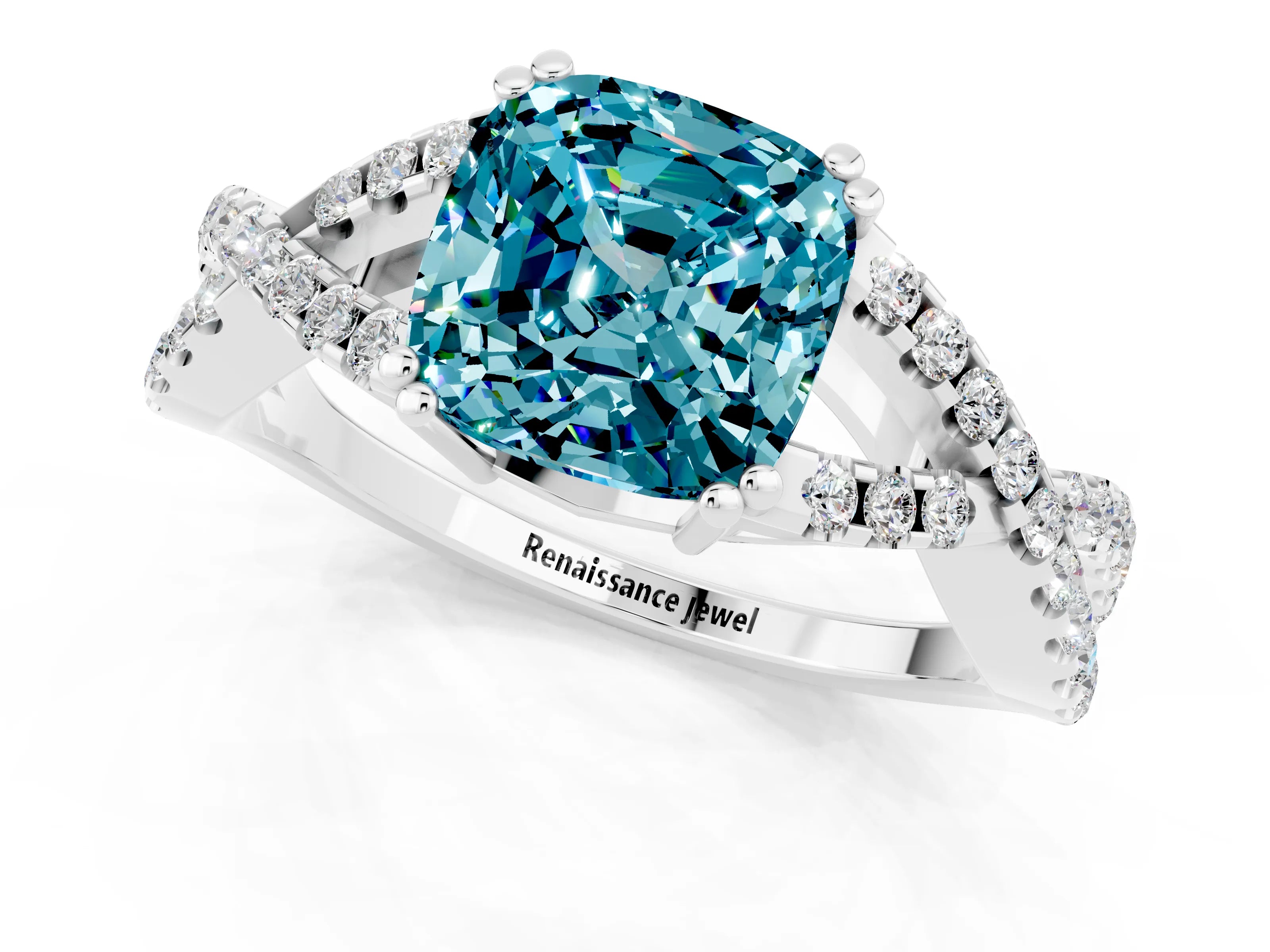 White gold Cushion Cut Blue Topaz Solitaire Ring with Four-Prong Setting and Twisted Pavé Band_1