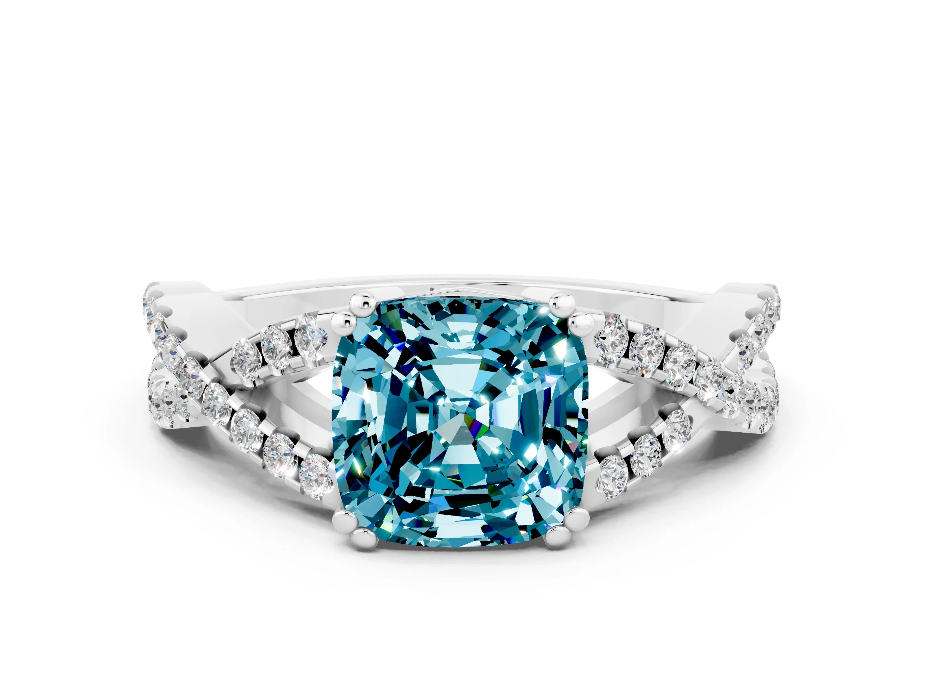 White gold Cushion Cut Blue Topaz Solitaire Ring with Four-Prong Setting and Twisted Pavé Band