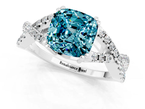 White gold Cushion Cut Blue Topaz Solitaire Ring with Four-Prong Setting and Twisted Pavé Band_1
