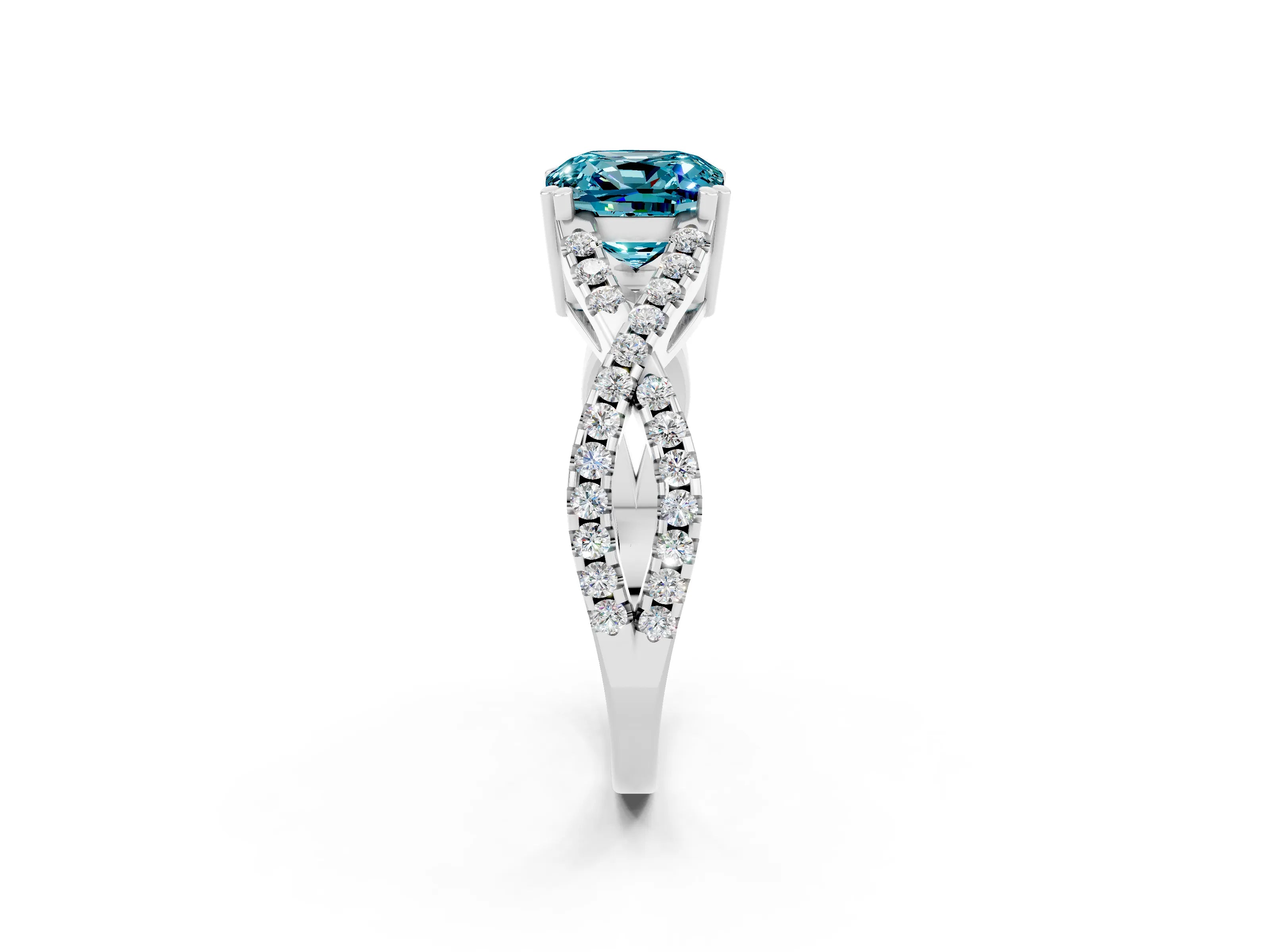 White gold Cushion Cut Blue Topaz Solitaire Ring with Four-Prong Setting and Twisted Pavé Band_2
