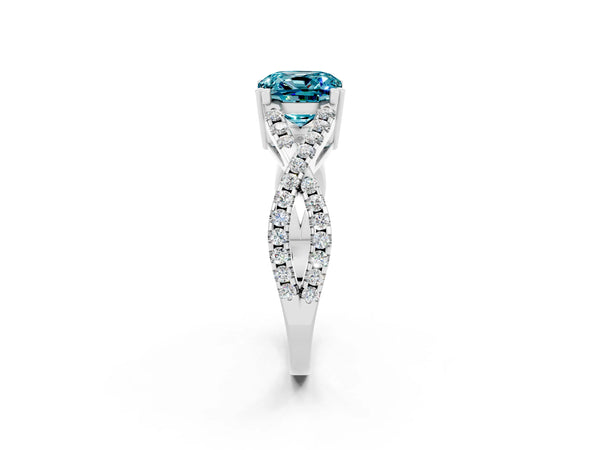 Silver Cushion Cut Blue Topaz Solitaire Ring with Four-Prong Setting and Twisted Pavé Band