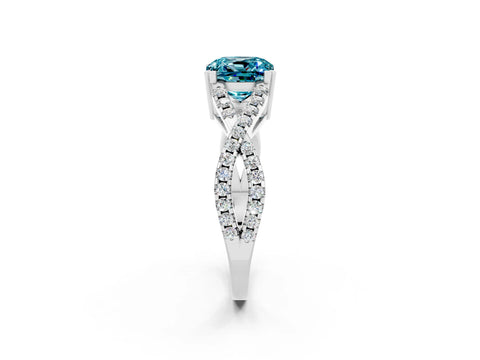 White gold Cushion Cut Blue Topaz Solitaire Ring with Four-Prong Setting and Twisted Pavé Band_2