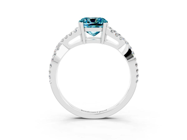 Platinum Cushion Cut Blue Topaz Solitaire Ring with Four-Prong Setting and Twisted Pavé Band