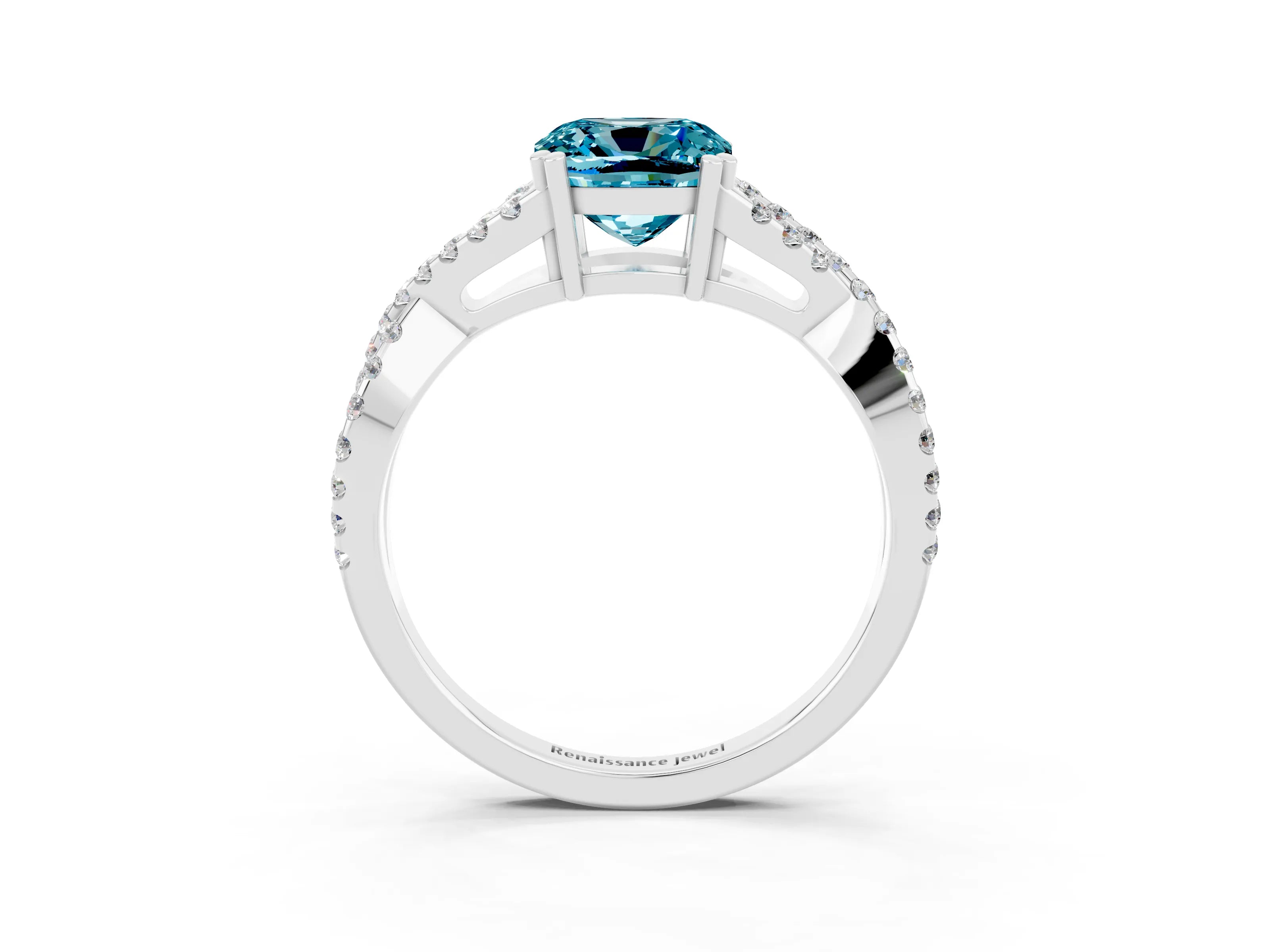 White gold Cushion Cut Blue Topaz Solitaire Ring with Four-Prong Setting and Twisted Pavé Band_3