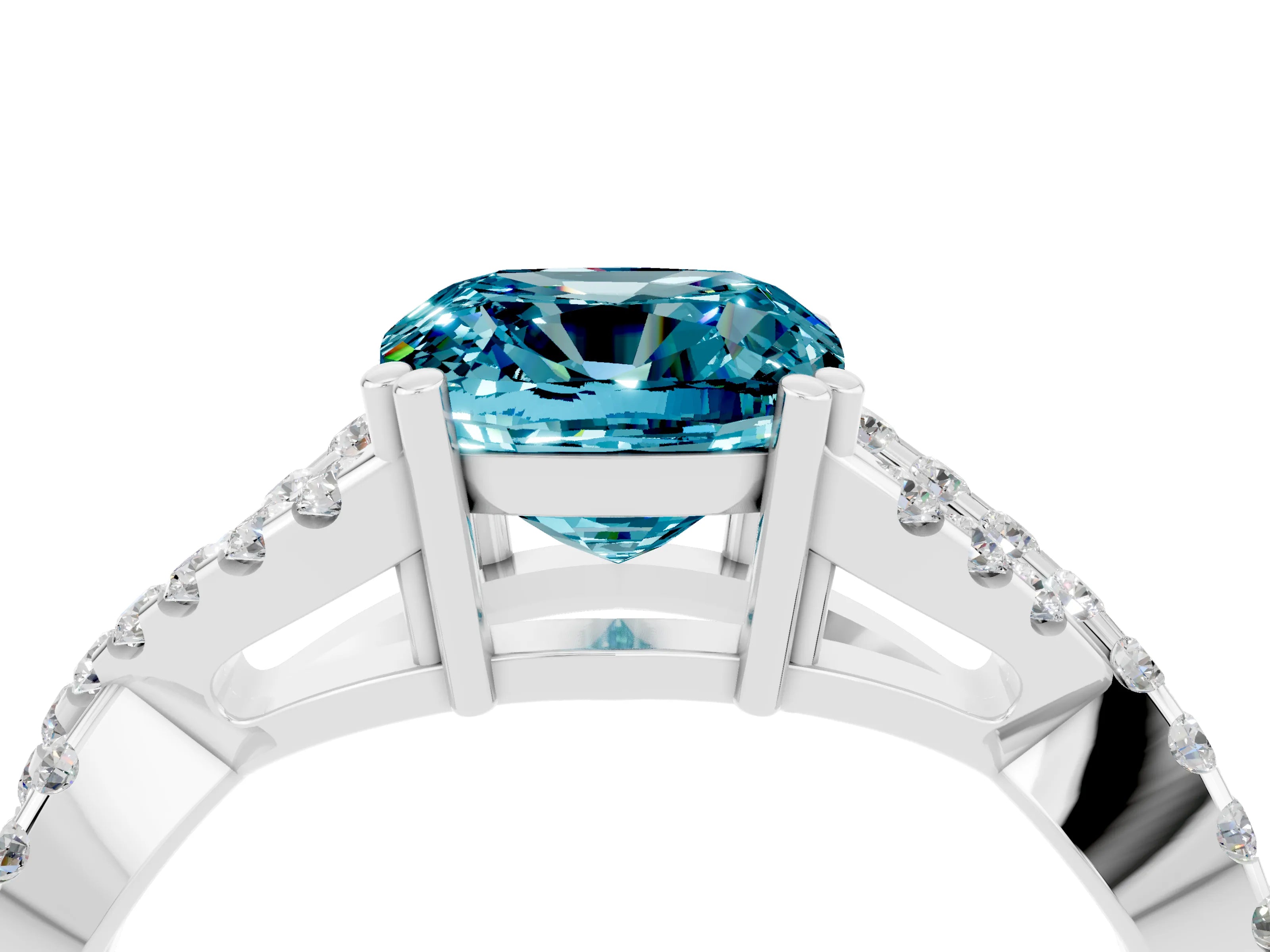 White gold Cushion Cut Blue Topaz Solitaire Ring with Four-Prong Setting and Twisted Pavé Band_4