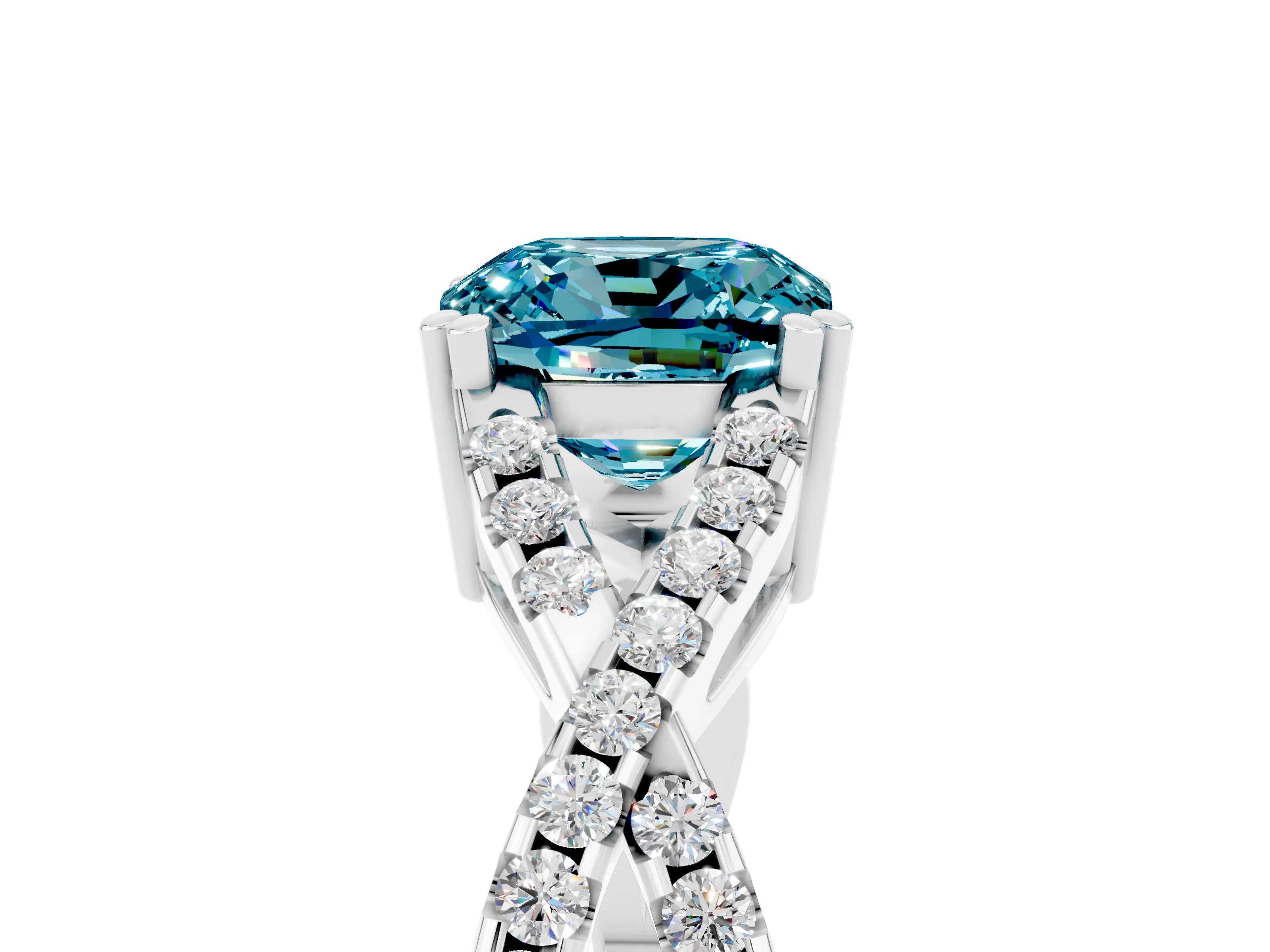 White gold Cushion Cut Blue Topaz Solitaire Ring with Four-Prong Setting and Twisted Pavé Band_5