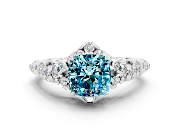 White gold Cushion Cut Blue Topaz Solitaire Ring with Hidden Halo and Pavé Band