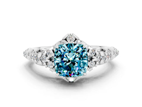White gold Cushion Cut Blue Topaz Solitaire Ring with Hidden Halo and Pavé Band_12