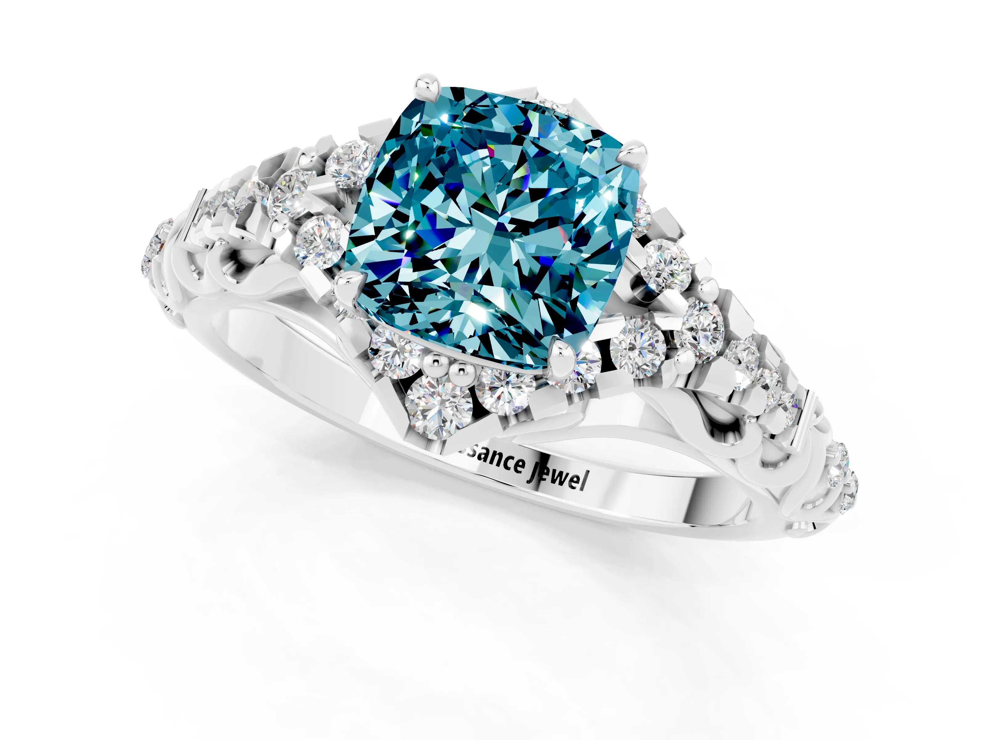 White gold Cushion Cut Blue Topaz Solitaire Ring with Hidden Halo and Pavé Band_13
