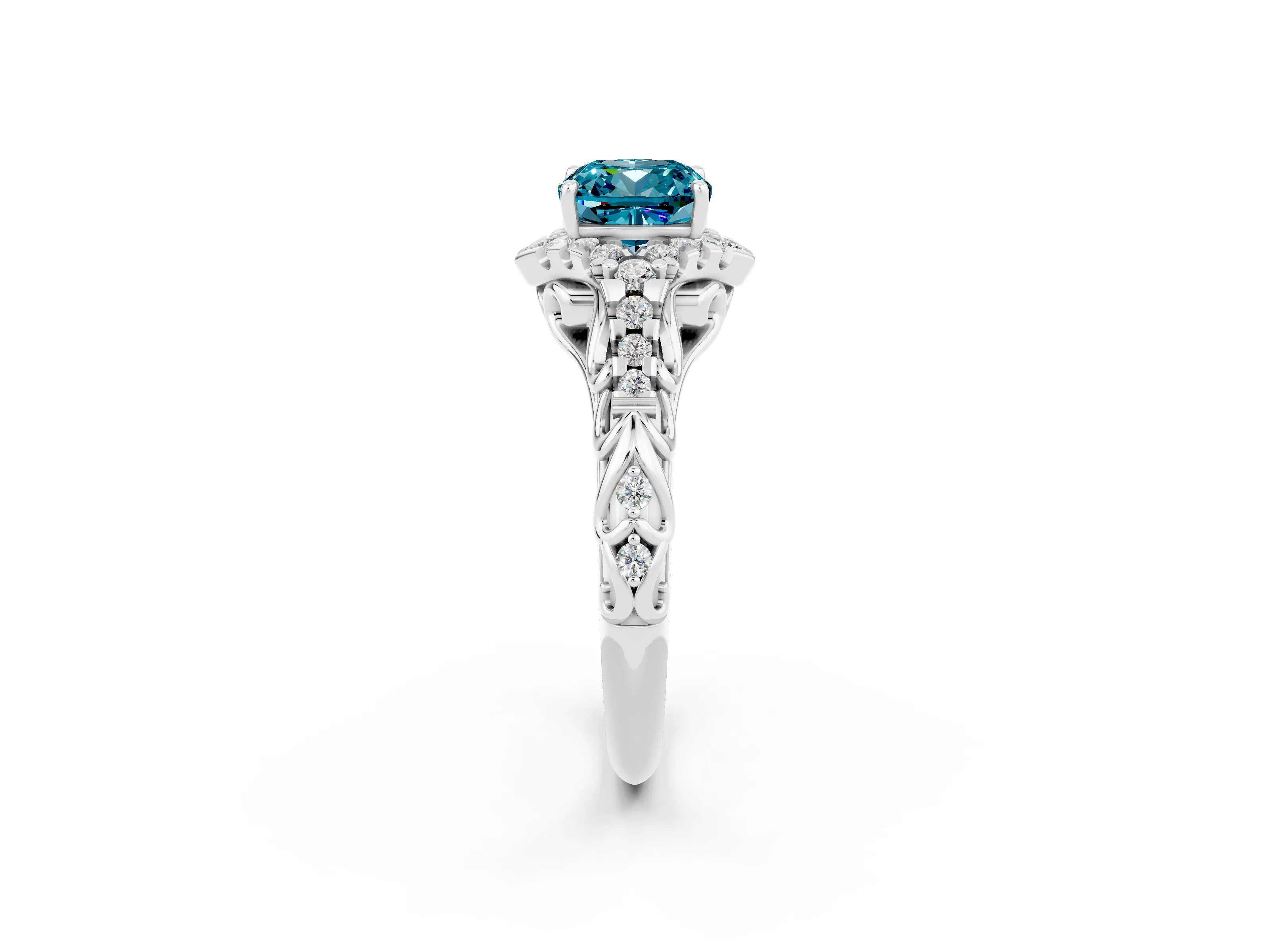 White gold Cushion Cut Blue Topaz Solitaire Ring with Hidden Halo and Pavé Band_14