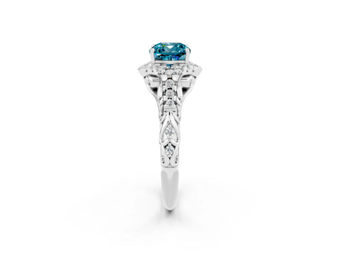 White gold Cushion Cut Blue Topaz Solitaire Ring with Hidden Halo and Pavé Band_14