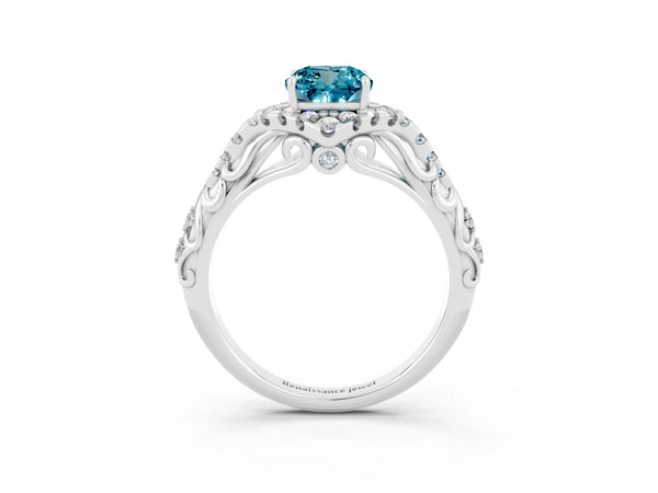 Platinum Cushion Cut Blue Topaz Solitaire Ring with Hidden Halo and Pavé Band