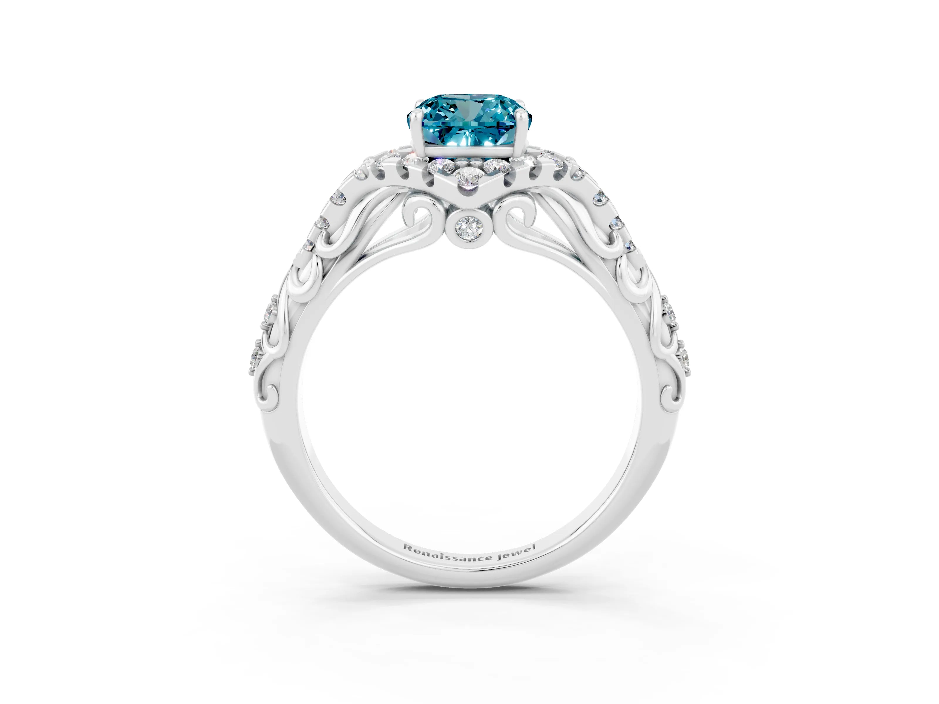 White gold Cushion Cut Blue Topaz Solitaire Ring with Hidden Halo and Pavé Band_15