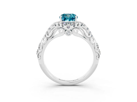 White gold Cushion Cut Blue Topaz Solitaire Ring with Hidden Halo and Pavé Band_15