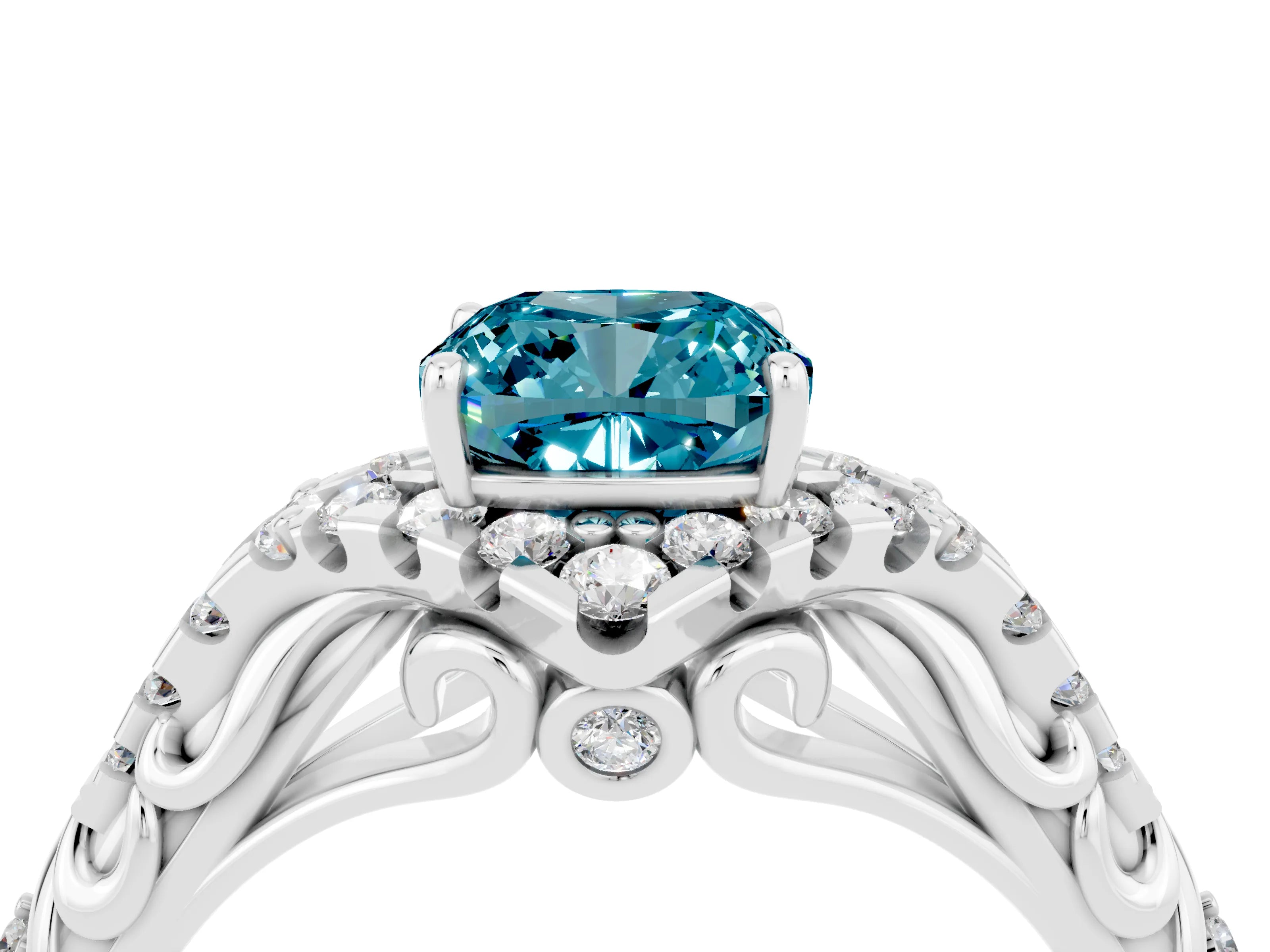 White gold Cushion Cut Blue Topaz Solitaire Ring with Hidden Halo and Pavé Band_16