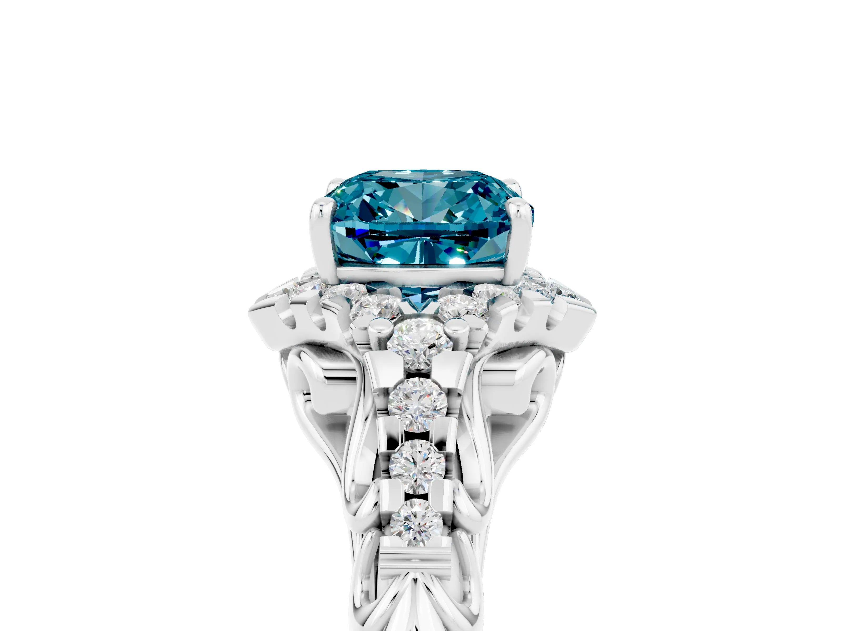 White gold Cushion Cut Blue Topaz Solitaire Ring with Hidden Halo and Pavé Band_17