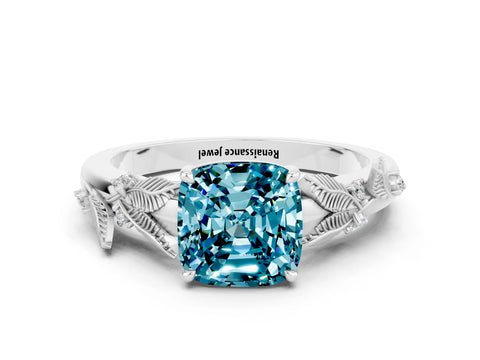 White gold Cushion Cut Blue Topaz Solitaire Ring with Leaf Motif Band and Four-Prong Setting_12