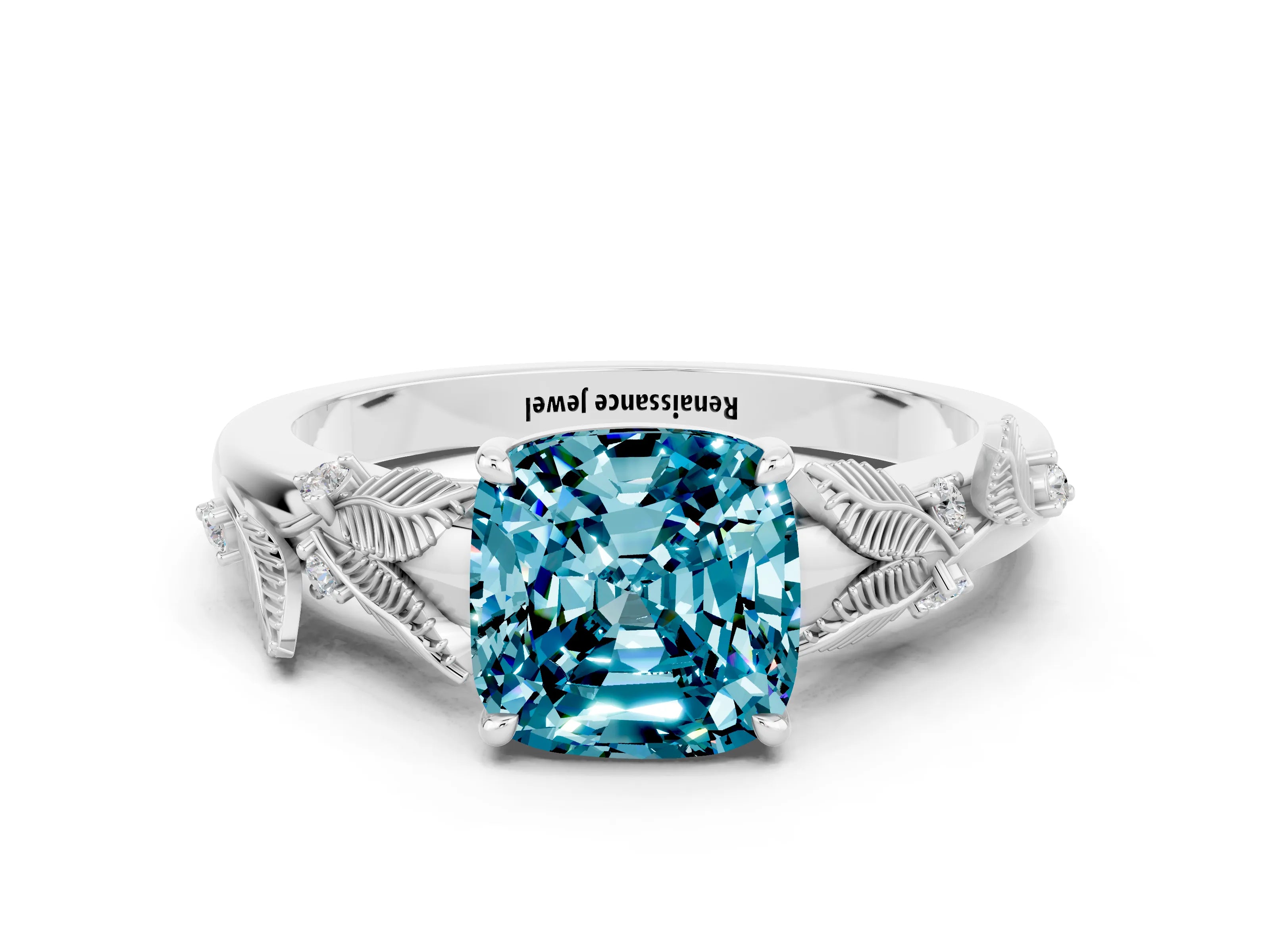 White gold Cushion Cut Blue Topaz Solitaire Ring with Leaf Motif Band and Four-Prong Setting_12