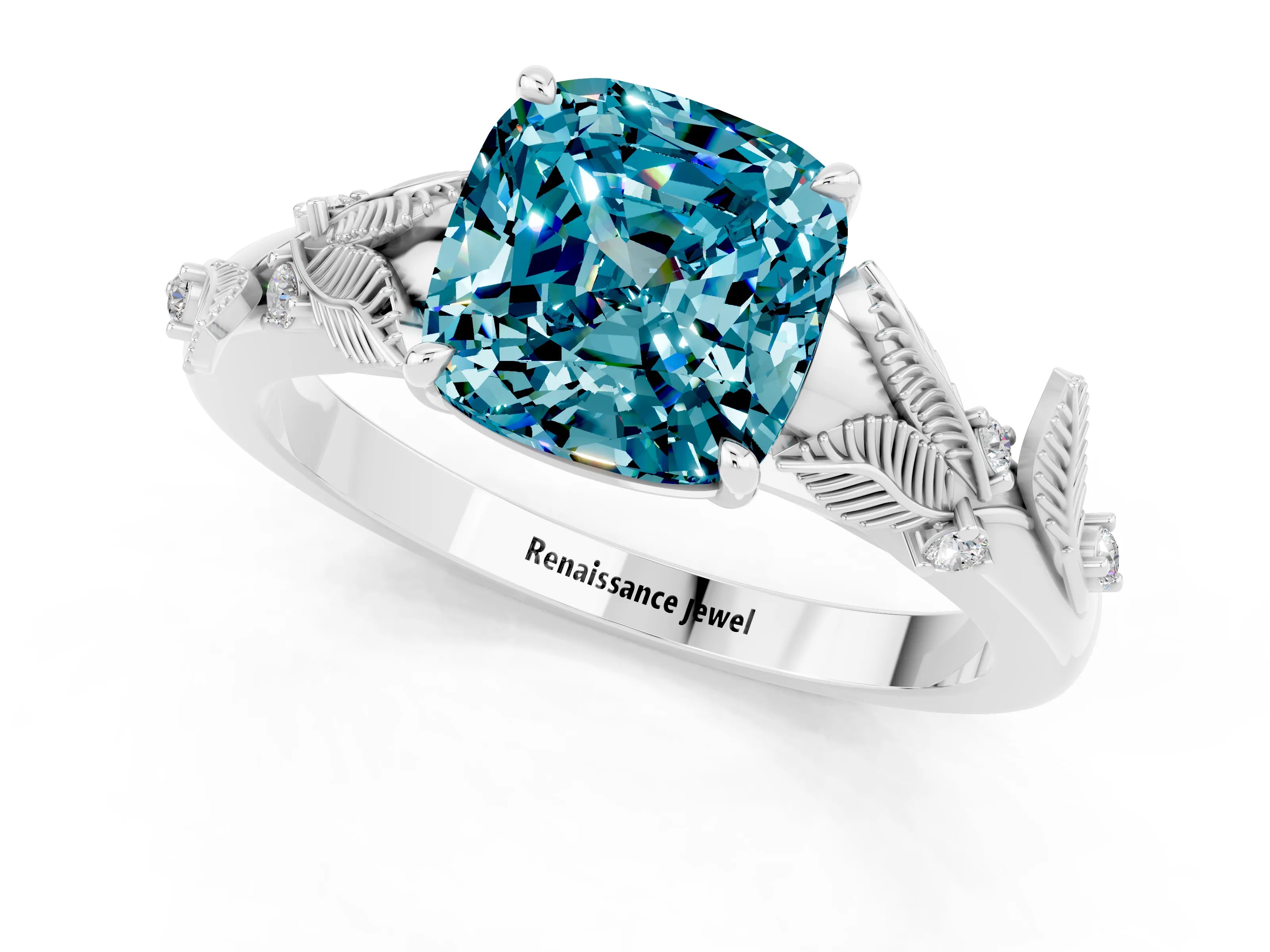 White gold Cushion Cut Blue Topaz Solitaire Ring with Leaf Motif Band and Four-Prong Setting_13
