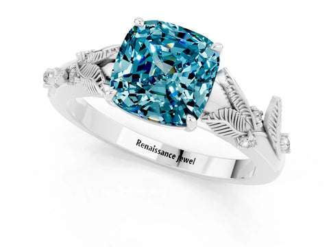 White gold Cushion Cut Blue Topaz Solitaire Ring with Leaf Motif Band and Four-Prong Setting_13