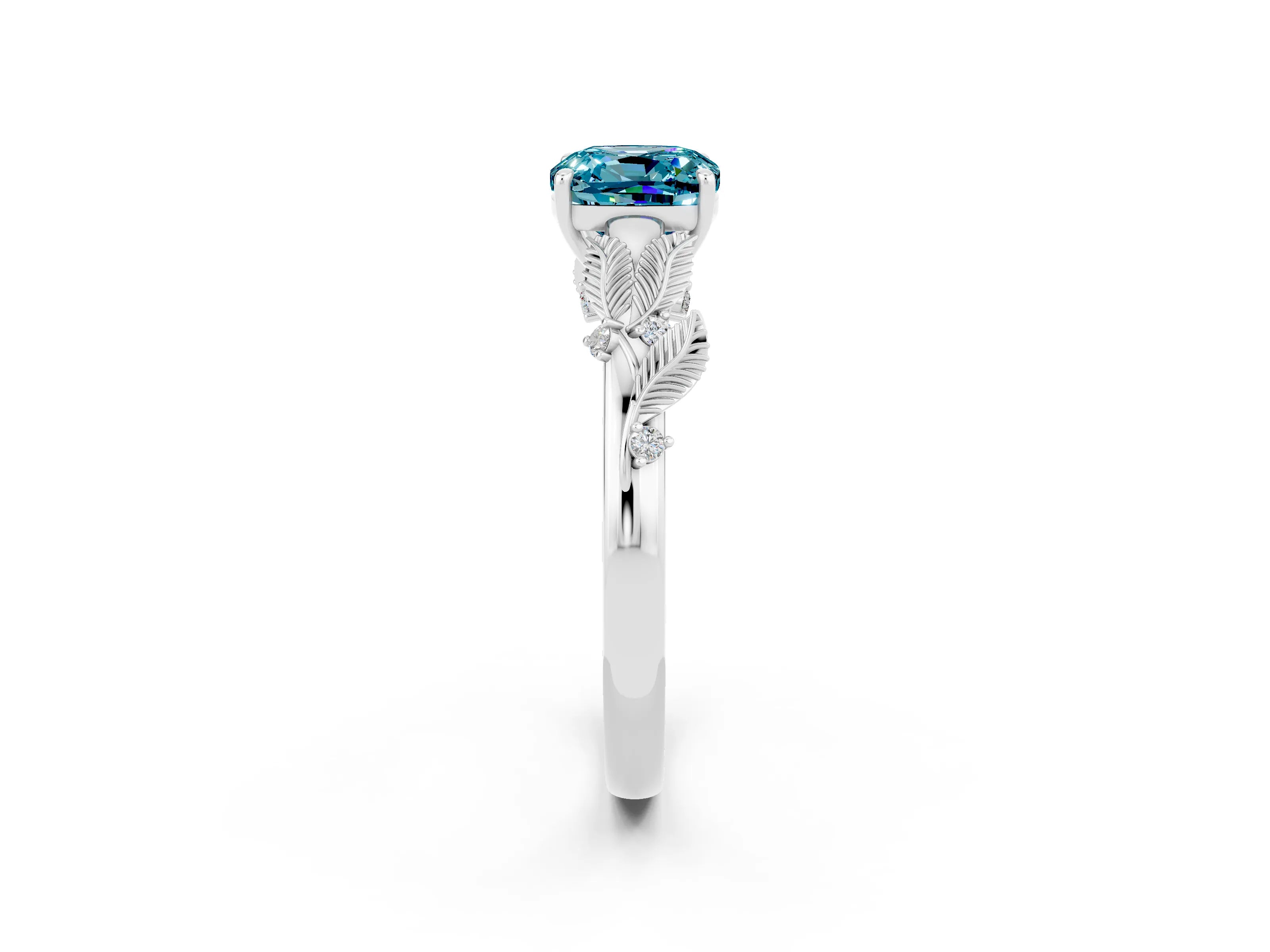 White gold Cushion Cut Blue Topaz Solitaire Ring with Leaf Motif Band and Four-Prong Setting_14
