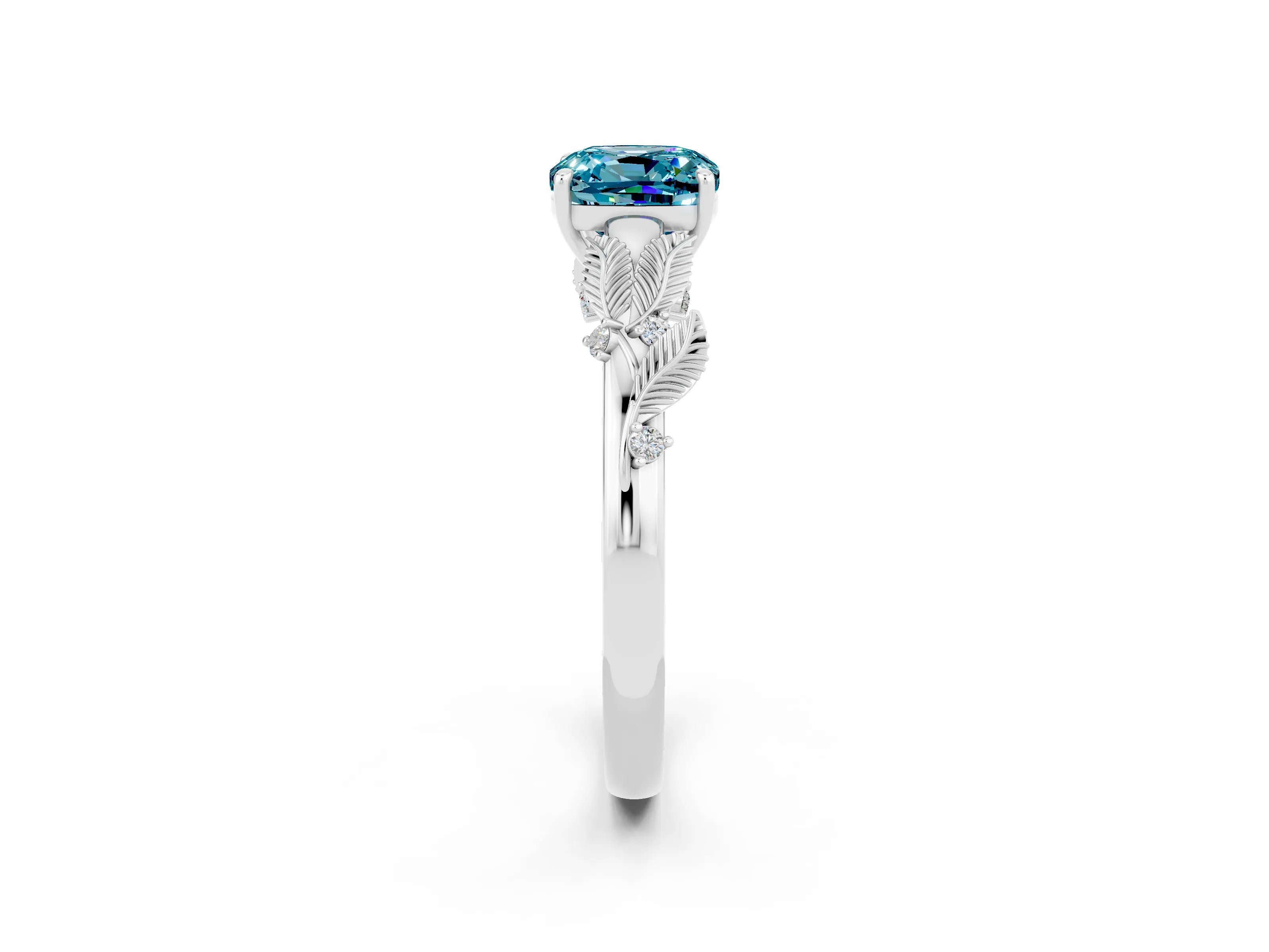 White gold Cushion Cut Blue Topaz Solitaire Ring with Leaf Motif Band and Four-Prong Setting_14