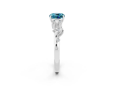 White gold Cushion Cut Blue Topaz Solitaire Ring with Leaf Motif Band and Four-Prong Setting_14