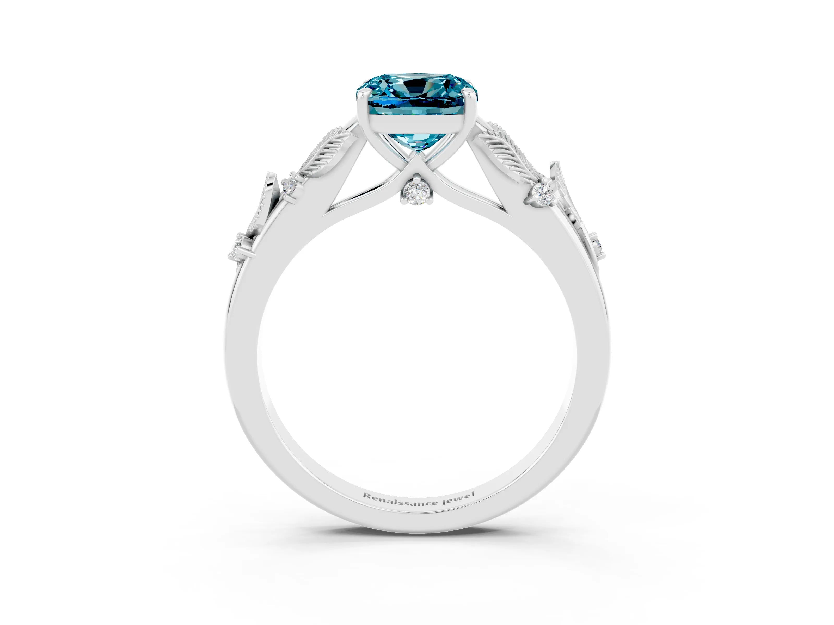 White gold Cushion Cut Blue Topaz Solitaire Ring with Leaf Motif Band and Four-Prong Setting_15