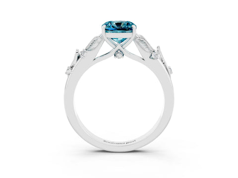 White gold Cushion Cut Blue Topaz Solitaire Ring with Leaf Motif Band and Four-Prong Setting_15