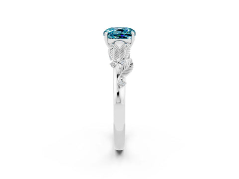 White gold Cushion Cut Blue Topaz Solitaire Ring with Leaf Motif Band and Four-Prong Setting_26