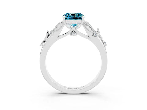 White gold Cushion Cut Blue Topaz Solitaire Ring with Leaf Motif Band and Four-Prong Setting_27