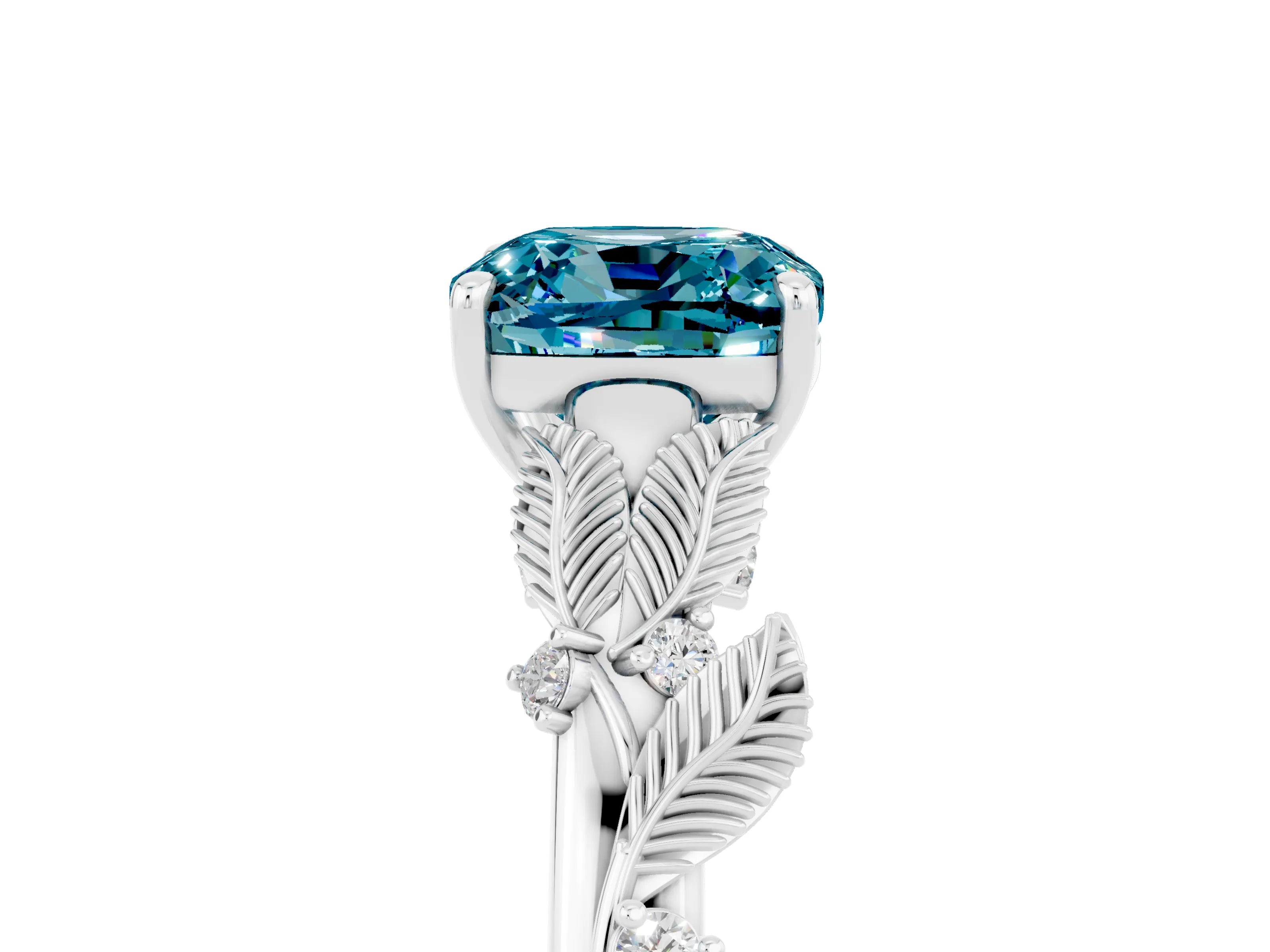 White gold Cushion Cut Blue Topaz Solitaire Ring with Leaf Motif Band and Four-Prong Setting_29