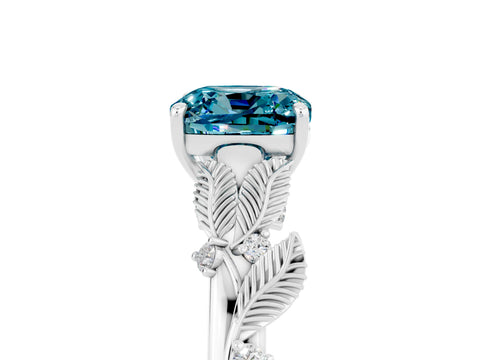 White gold Cushion Cut Blue Topaz Solitaire Ring with Leaf Motif Band and Four-Prong Setting_29