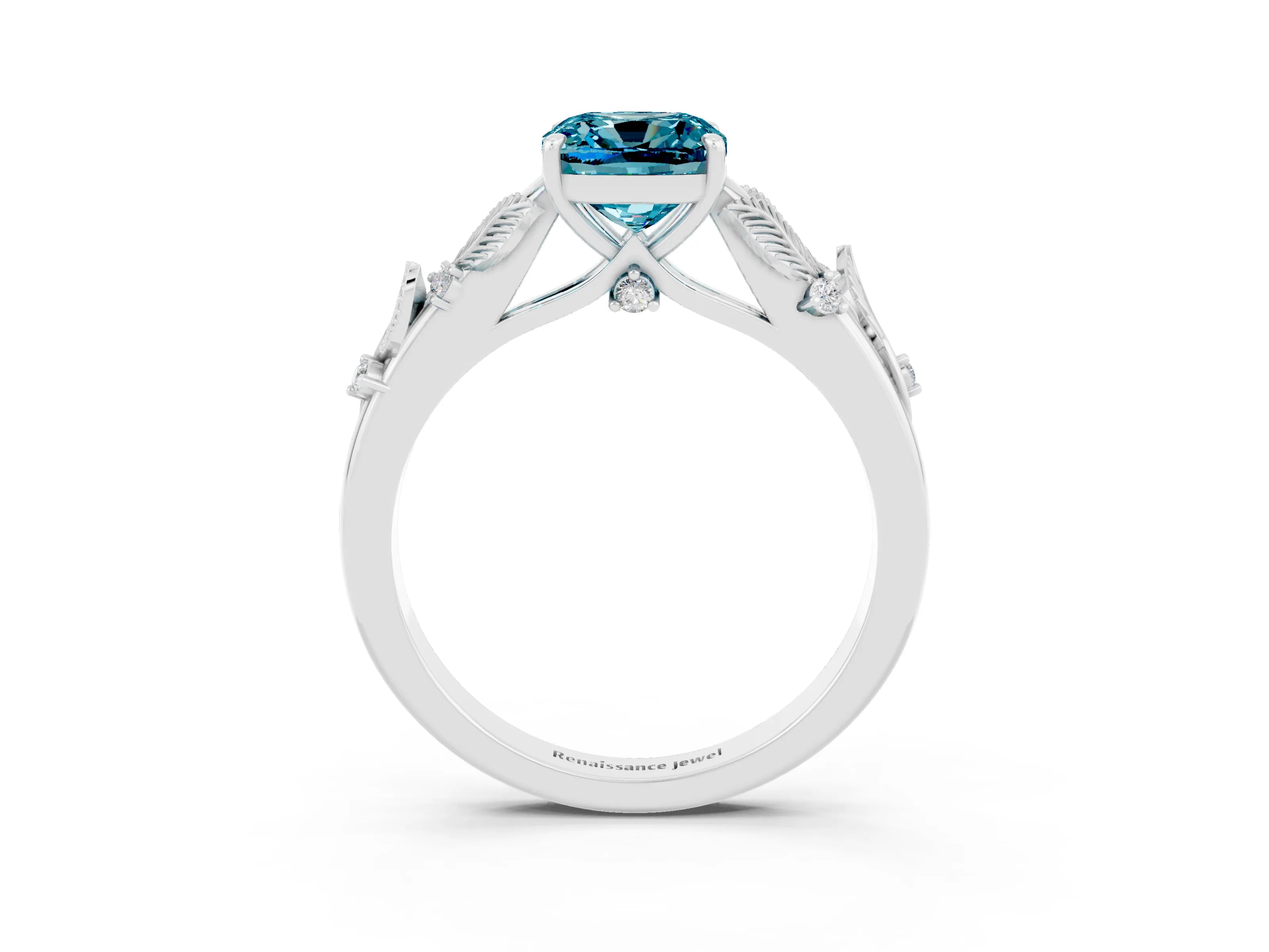 White gold Cushion Cut Blue Topaz Solitaire Ring with Leaf Motif Band and Four-Prong Setting_3