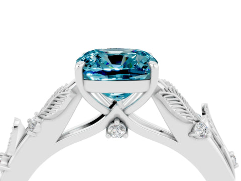 White gold Cushion Cut Blue Topaz Solitaire Ring with Leaf Motif Band and Four-Prong Setting_4