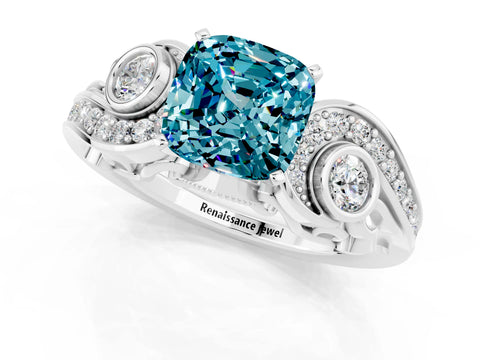 White gold Cushion Cut Blue Topaz Solitaire Ring with Milgrain Pavé Band and Four-Prong Setting_13