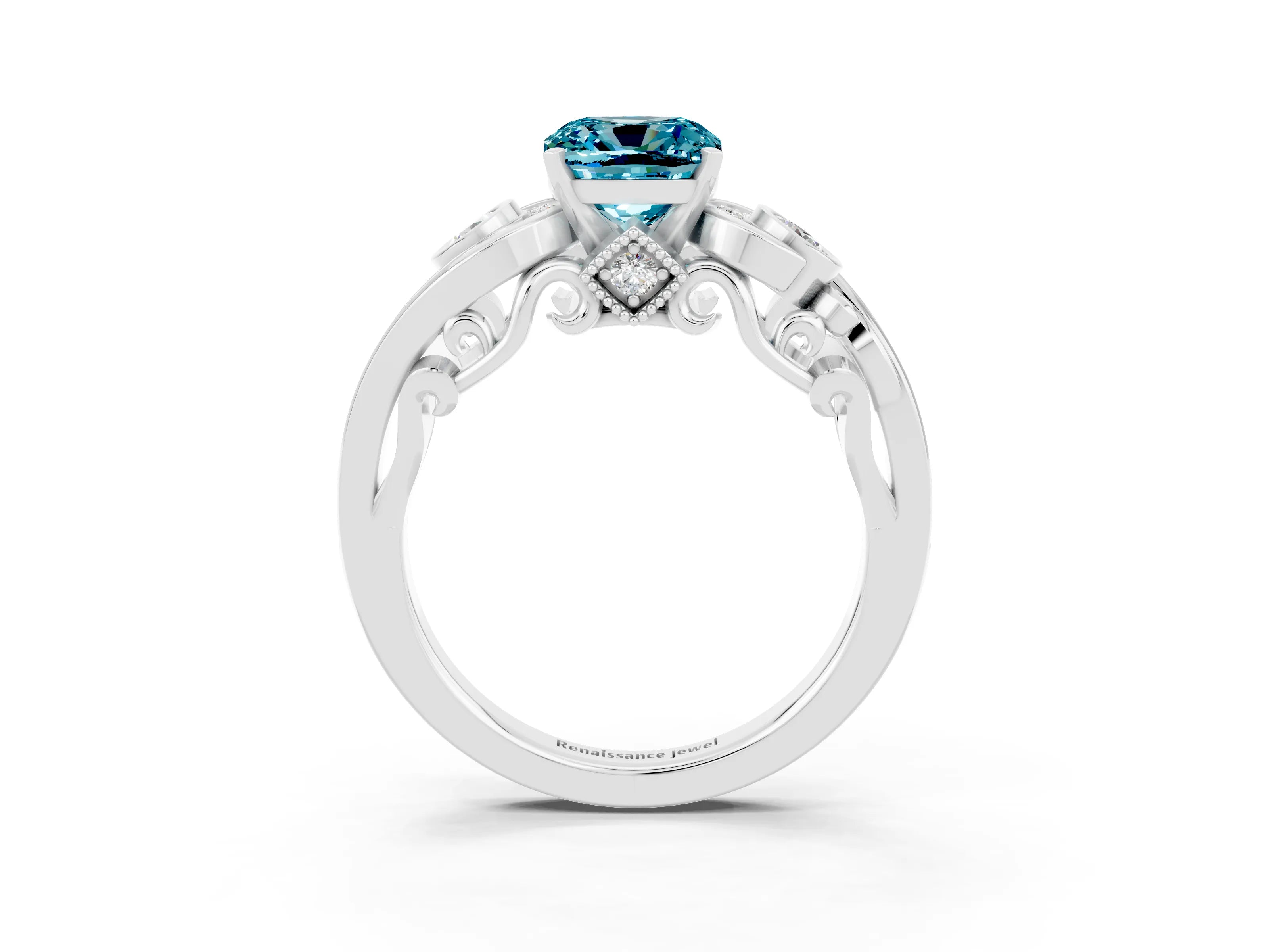 White gold Cushion Cut Blue Topaz Solitaire Ring with Milgrain Pavé Band and Four-Prong Setting_15