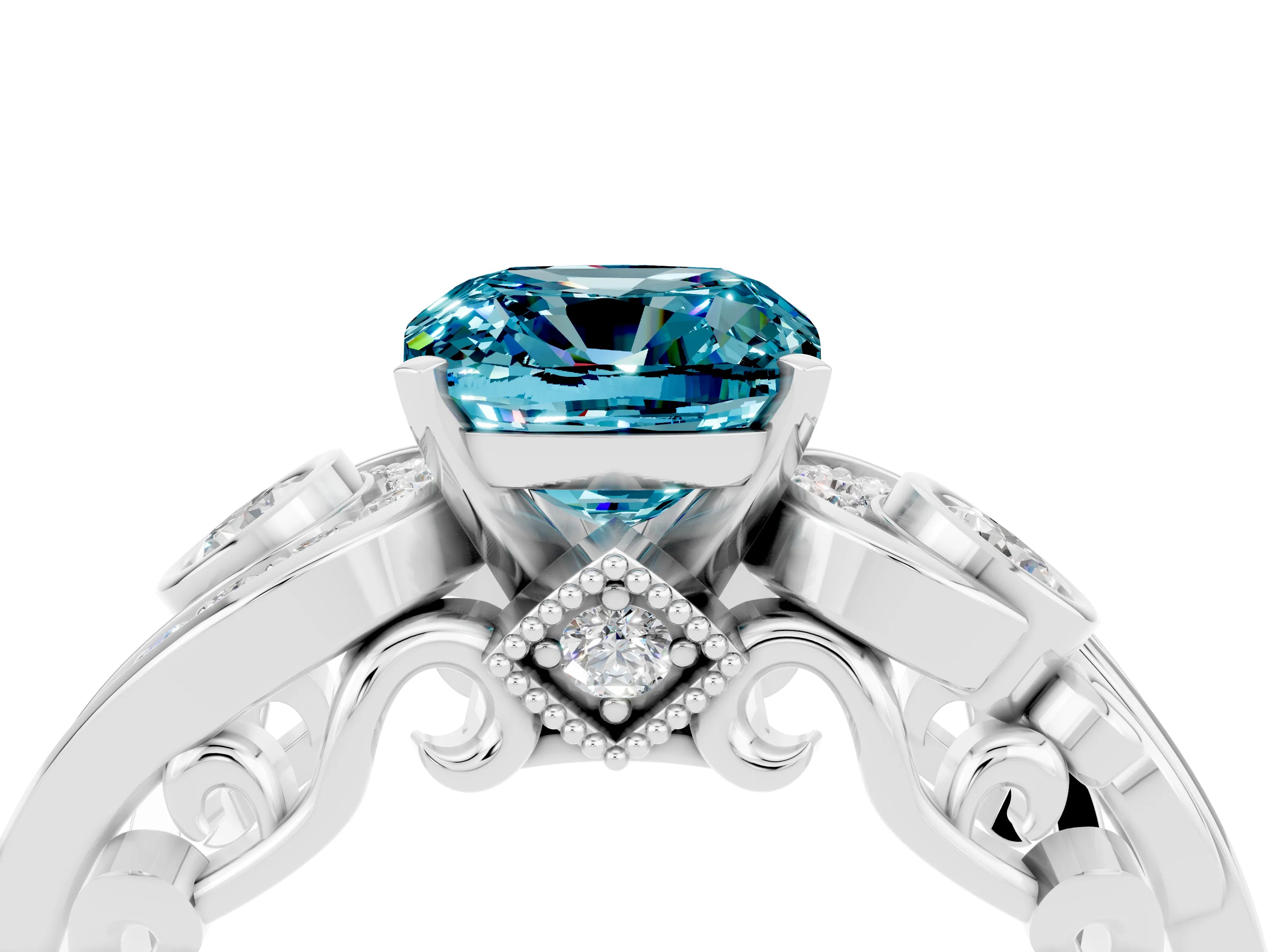 White gold Cushion Cut Blue Topaz Solitaire Ring with Milgrain Pavé Band and Four-Prong Setting_16