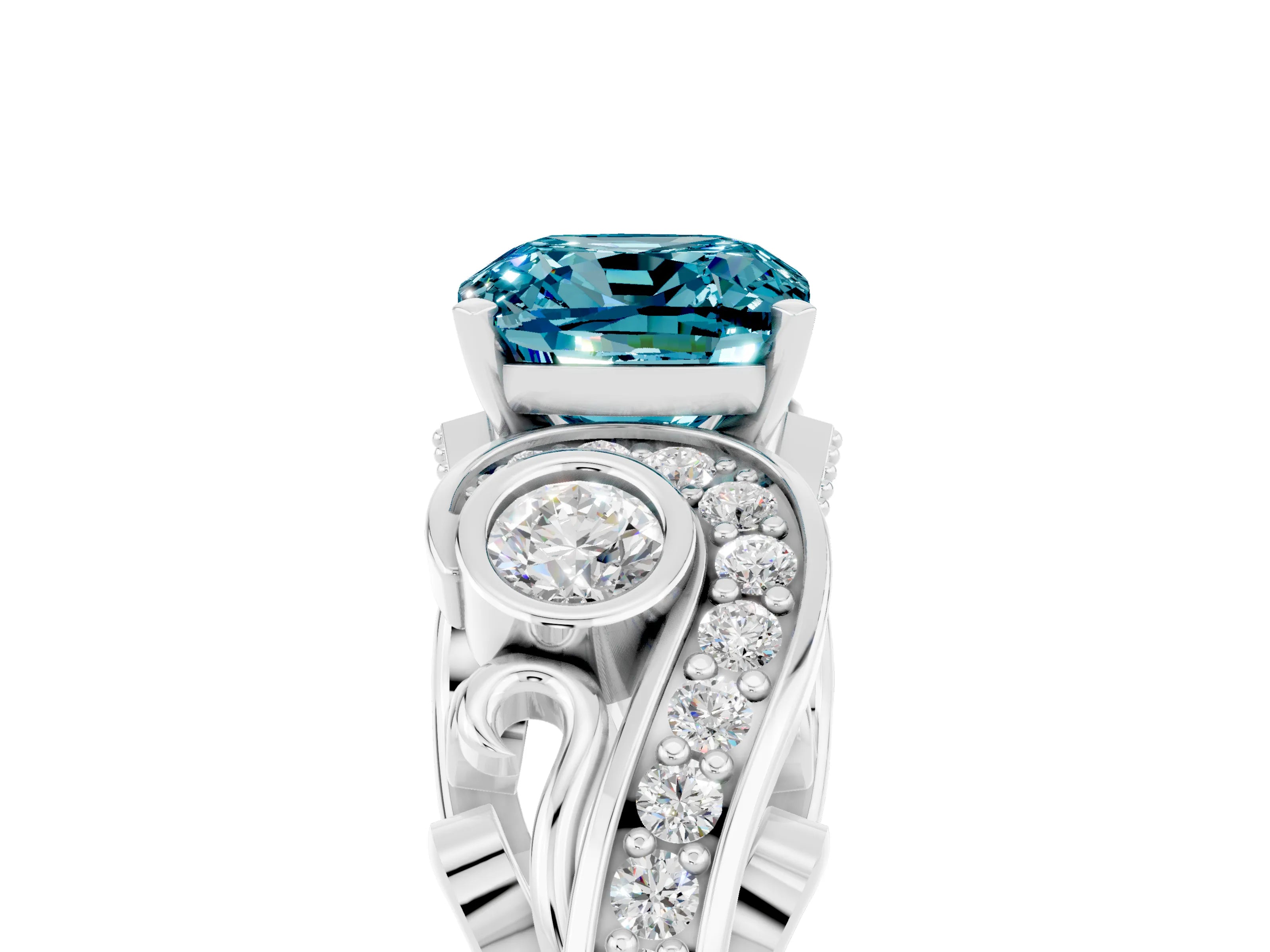 White gold Cushion Cut Blue Topaz Solitaire Ring with Milgrain Pavé Band and Four-Prong Setting_17